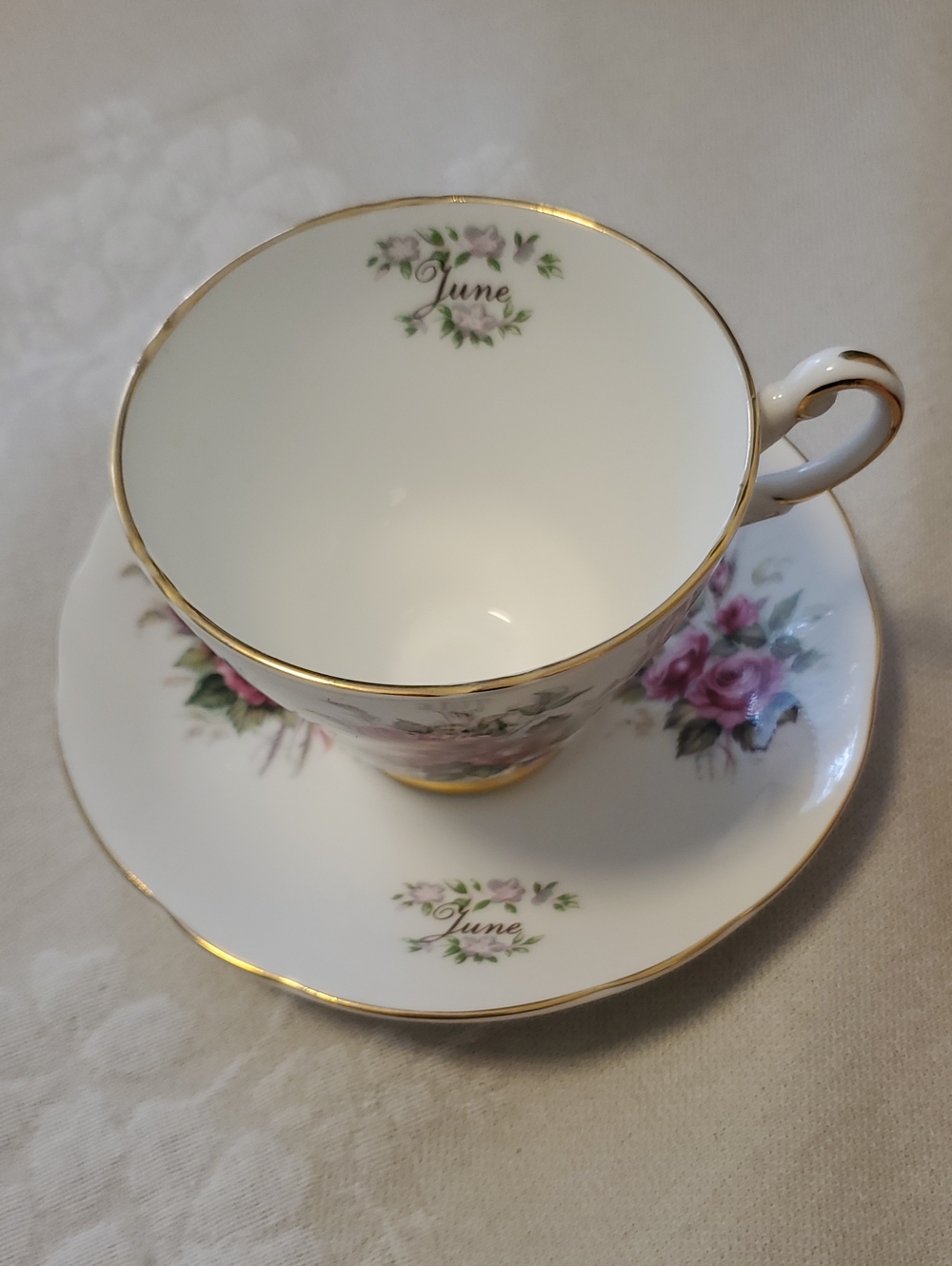 June Floral Porcelain Teacup and Saucer - White with Pink Roses